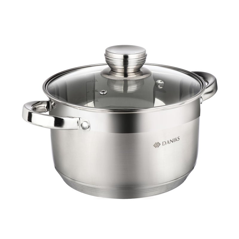Daniks Standard 4 Quart Stainless Steel Stock Pot with Glass Lid, Try-Ply Bottom for Even Heating, Induction Compatible, Dishwasher Safe, Built-In Measuring Scale, Silver - Image 1